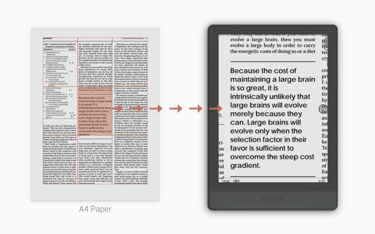 Choose Article Mode to split the A4-page into sections and read them easily in Poke3