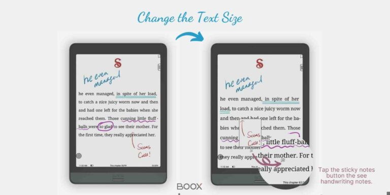 Tap the sticky notes symbol to call out the handwriting after changing ebook layout.