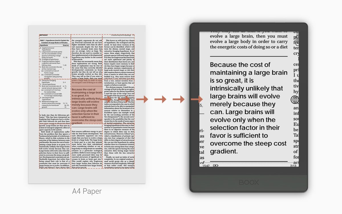 Choose Article Mode to split the A4-page into sections and read them easily in Poke3